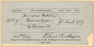 British Museum, Book Order Slip, november 23. [18?]47 alkotó: English School
