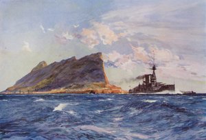 Brit csatahajó Gibraltárnál (színes litho) alkotó: English School