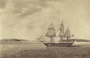 A brit HMS Fisgard fregatt, parancsnoka Thmas Byam Martin kapitány, felderítés Brestnél, Franciaországban (litho) alkotó: English School