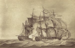 A Thomas Byam Martin kapitány parancsnoka által vezetett HMS Santa Margarita brit fregatt elfoglalja a francia Tamise fregattot, 1796. június (litho) alkotó: English School