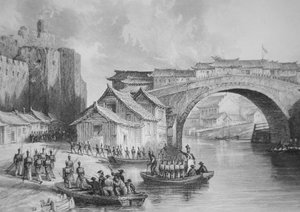 Brit csapatok szállnak le Ching Keang nyugati kapujánál az ópiumháborúk idején, az illusztráció Stoddard (litho) kapitány szemtanúi vázlata után (a 225386 fekete-fehér változata) alkotó: English School