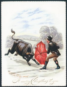 Bull töltés piros esernyőbe, karácsonyi kártya alkotó: English School