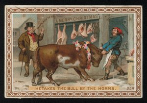 Hentes húz egy bikát a boltjába, karácsonyi üdvözlőlap. (chromolitho) alkotó: English School