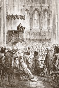 Kálvin búcsúbeszédét hirdeti a száműzetés reményében, illusztráció: James Aitken Wylie (1808-1890) A protestantizmus története című könyvéből, pub. 1878 alkotó: English School