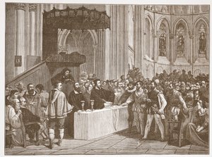 Kálvin megtagadja a libertinusok úrvacsoráját, a genfi St. Peters katedrálisban, illusztráció: James Aitken Wylie (1808-1890), pub. 1878 alkotó: English School