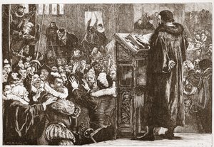 Kálvin megfenyegetett a rive-i templomban, illusztrációja James Aitken Wylie (1808-1890) The History of Protestantism című könyvéből, pub. 1878 alkotó: English School