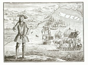 Bartholomew Roberts kapitány (1682-1722) két hajóval, a Royal Fortune-nal és a Rangerrel elhajózik a Whydah Roadon Guiney partjainál, 172. január 11-én, A rablások általános története és a Mu című filmből. alkotó: English School