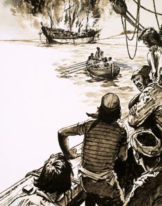 Juan Sebastian del Cano kapitány felégeti az egyik hajóját alkotó: English School