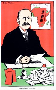 Sir Alfred Milner, a Cape Colony brit gyarmati kormányzója karikatúrája a második búr háború kitörésekor alkotó: English School