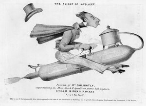 A vasutak, különösen a Stephensons Rocket bevezetését kigúnyoló karikatúra alkotó: English School