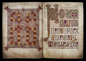 Szőnyeglap és Incipit lap, amely Szent Jeromos levelét vezeti be Damasus pápához, Cotton Nero D. IV, f.2v és f.3r a Lindisfarne-i evangéliumokból, 710-721 (pergamen). alkotó: English School