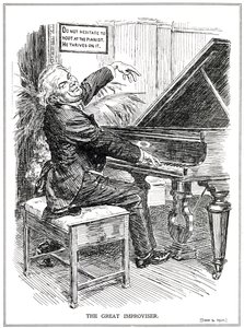 Rajzfilm lámpaláz LLoyd George, mint a Nagy Improvizáló vagy az Improvizáció-Tóriák vezetője, 1920. június alkotó: English School