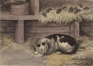 Macska és egerek egy istállóban (színezett gravírozás)