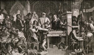 Caxton (1422-1491 körül) IV. Edward királynak készült nyomtatványának mintáit mutatja a westminsteri Almonryban, 1858 alkotó: English School