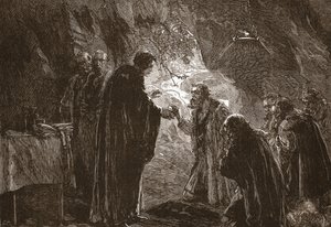 Kálvin és protestáns társai a Poictiers-i barlangban az Úrvacsora ünneplése, illusztrációja James Aitken Wylie (1808-1890) A protestantizmus története című könyvéből, pub. 1878 alkotó: English School