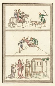 Cenelm, Mercia királya, vadászat, király, apátnő, apáca és anchorit meggyilkolása (színes metszet) alkotó: English School