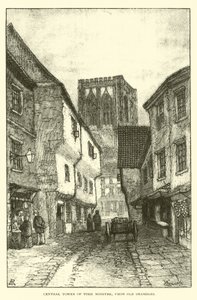 York Minster központi tornya, az Old Shambles-től alkotó: English School
