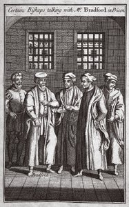 Egyes püspökök Bradford úrral beszélgetnek a börtönben, illusztráció a Foxes Martyrs c.1703-ból alkotó: English School