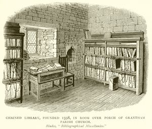 Láncolt könyvtár, amelyet 1598-ban alapítottak, a Grantham plébániatemplom tornáca feletti szobában alkotó: English School