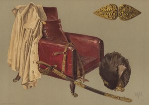 Wellington hercegének tábornagy széke és köpenye, medvebőrrel és a gránátosőrök kardjával (chromolitho) alkotó: English School