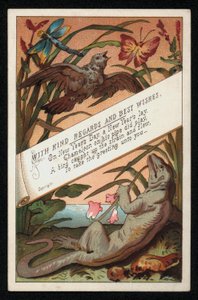 Kaméleon verssel és egy madárral, újévi üdvözlőlap. (chromolitho) alkotó: English School