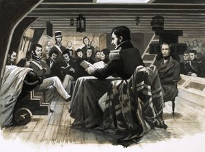 Charles Darwin a Galápagos-szigetek felé hajózik alkotó: English School