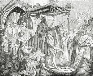 IV. Károly, római római császár, V. Urbán pápánál Avignonban 1365-ben, 1882-ben alkotó: English School