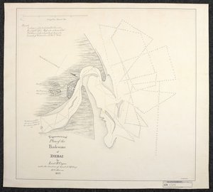 Az angol Kelet-indiai Társaság tengeri felmérői által 1822-ben készített Dubaj térképe, a Debai hátsó vizének trigonometriai terve, készítette R. Cogan hadnagy, J. M. Guy hadnagy, H. C. Marine irányítása alatt. alkotó: English School