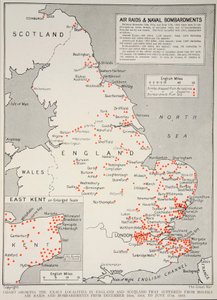 Karte, die die genauen Orte in England und Schottland zeigt, die von feindlichen Luftangriffen und Bombardierungen vom 16. Dezember 1914 bis zum 17. Juni 1918 betroffen waren, 1918-19