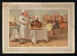 Szakács farag fel egy szilva pudingot, karácsonyi üdvözlőlap. (chromolitho) alkotó: English School
