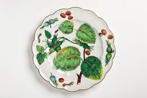 Diófélék, rovarok és levelek botanikai illusztrációjával díszített Chelsea tányér, 1755 (porcelán)