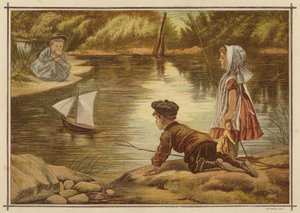 Gyerekek vízre bocsátanak egy jachtmodellt (színes litó) alkotó: English School