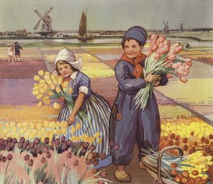 Gyerekek tulipánt szednek Hollandiában (színes litográfia) alkotó: English School