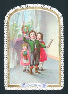 Gyermekek koszorúval és virágokkal, újévi kártya alkotó: English School
