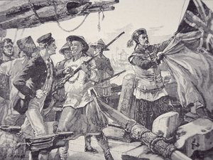 A kínaiak felszállnak az Arrow brit hajóra, lebontják a brit zászlót, és foglyul ejtik a legénységet az ópiumháborúk idején, október 8-án alkotó: English School