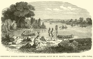 Chippeway indiánok halásznak a nyírfakéreg kenukban, Sault de St Marysben, a Superior-tónál alkotó: English School