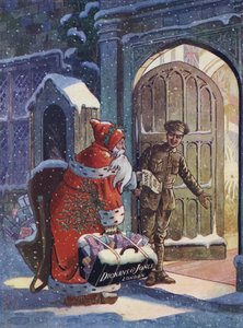 Karácsonyi reklám, amelyen a Mikulás ajándékokat hoz az első világháborús katonáknak a Dickins and Jones áruházból (színes litó) alkotó: English School