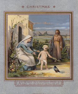 Karácsonyi üdvözlőlap: Jézus galambbal játszik, szülei vigyáznak rá (chromolitho) alkotó: English School