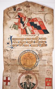A világ történetének krónikája a teremtéstől Wodenig, IV. Edward genealógiájával (Edward IV. tekercs), az elején IV. Edward lóháton lévő portréjával, egy körrel Istennel és a másikkal alkotó: English School
