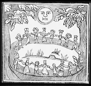 Telihold alatt táncoló Boszorkányok Köre, illusztráció az ezoteriáról szóló chapbook-gyűjteményből alkotó: English School