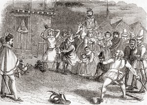 Kakasdobálás, más néven cock-shying, vagy kakasdobálás, a régi Angliából: A Pictorial Museum, pub. 1847 alkotó: English School