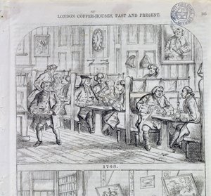 Kávéház 1763-ban, a londoni kávéházak múltja és jelene (színes metszet) alkotó: English School