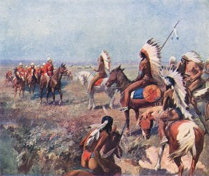 Macleod ezredes, az Északnyugati Királyi Lovasrendőrség ezredese indiánokkal tárgyal Fort Macleodban (színes lithó) alkotó: English School