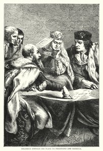 Kolumbusz feltárja Ferdinánd és Izabellának szóló terveit (színes metszet) alkotó: English School