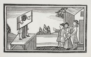 Arra ítélve, hogy egy órát vagy többet álljon a pellengérben. Illusztráció a Chap-books of the Eightenth Century-ből, John Ashton, kocsma. 1882 alkotó: English School