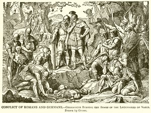 Rómaiak és germánok konfliktusa. Germanicus a varusi légiósok csontjait eltemetve alkotó: English School