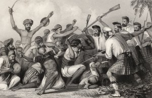 Konfliktus a gázokkal Bareilly előtt, 1858. május 6-án, az 1858-ban megjelent „The History of the Indian Mutiny” c. alkotó: English School
