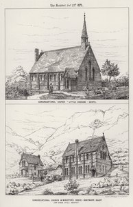 Gyülekezeti templom, Little Hadham, Herts; Gyülekezeti templom és miniszteri ház, Nantmawr, Salop (metszet) alkotó: English School