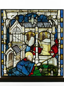Konzervált tabló a York-i Nagy Keleti Ablakból: „St John Measures the Temple” alkotó: English School