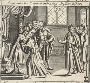 Konstantin, a császár a keresztény püspököket ölelve, illusztráció a Cselekedetek és emlékművekből, John Foxe, kilencedik kiadás, pub. 1684 alkotó: English School